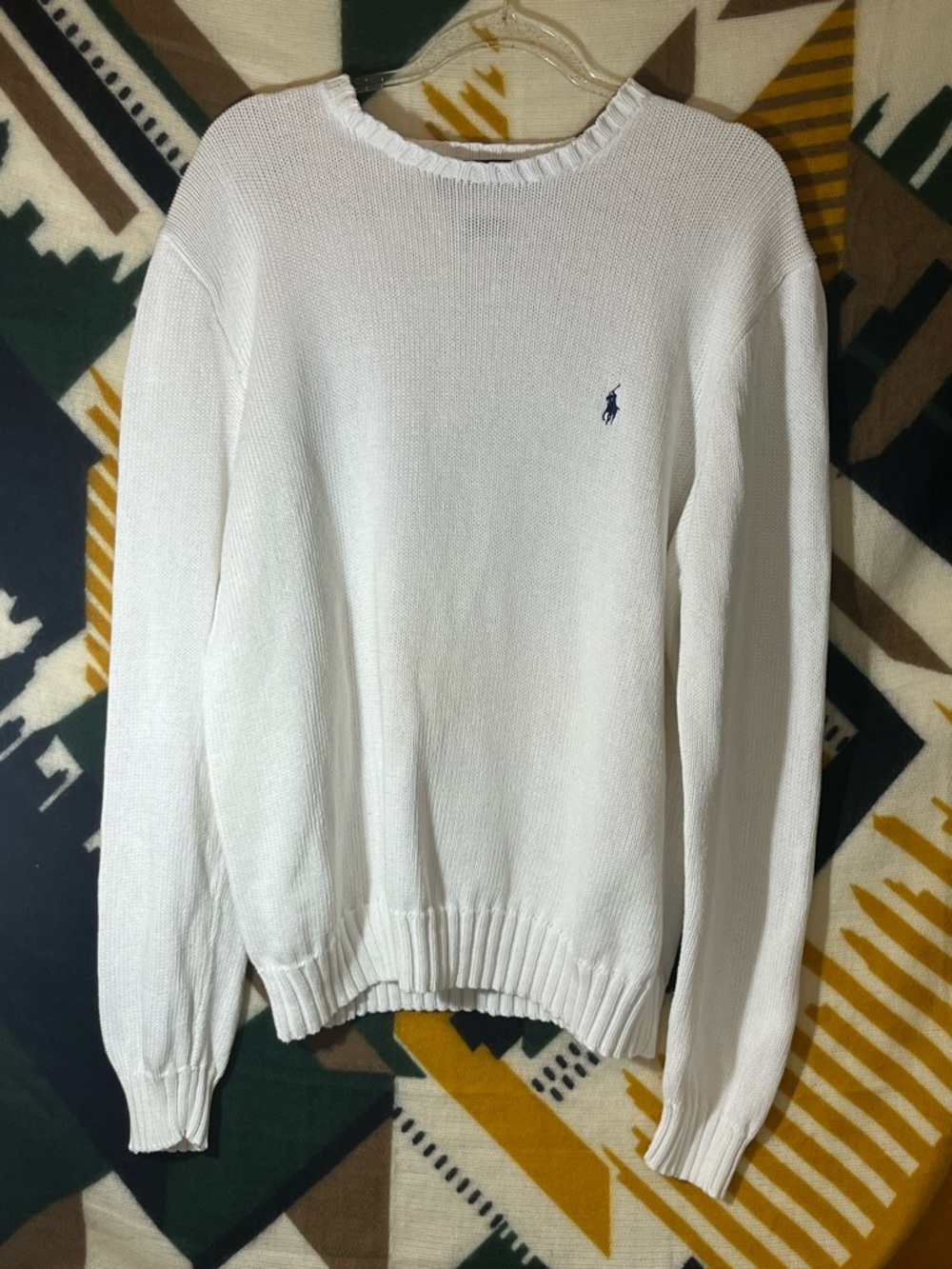 Polo by Ralph Lauren White Crewneck Sweater Blue Pony Men’s Large Preppy Coastal
